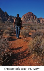 Man Hiking In Desert In Red Rock Canyon Las Vegas