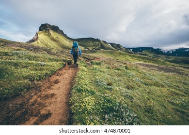 Man Hiking The Laugavegur Trail In Iceland