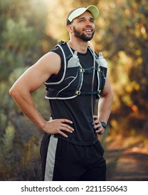 Man, Hiking And Proud On Mountain For Break, Breathe Or Rest In Workout, Fitness And Run. Runner, Hiker And Relax Tired Body In Training, Sports And Health On Adventure In Summer In Australia Nature