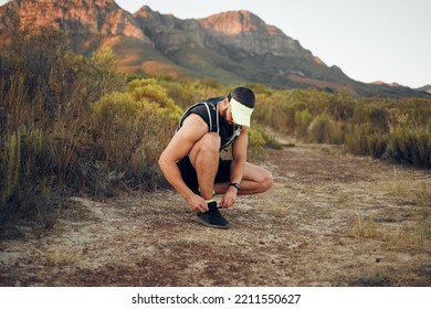 Man, Hiking And Shoelace On Mountain For Workout, Fitness And Run. Shoes, Sneakers And Male Training For Sports And Health On Adventure In Summer With Wellness, Nature And Running In Australia