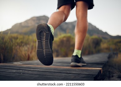 Man, Hiking And Shoes With Legs On Mountain For Run, Workout Or Fitness. Nature, Wellness And Exercise For Training, Sports And Health On Adventure In Summer With Hill, Sneakers And Feet In Australia