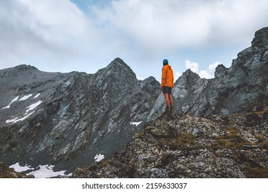 Man Hiking Solo In Rocky Mountains Travel Adventure Outdoor Activity Summer Vacations Healthy Lifestyle Sustainable Tourism Concept