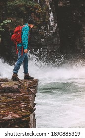 Man Hiking Solo In Sweden Travel Backpacking In Wilderness Adventure Active Vacations Healthy Lifestyle Traveler Enjoying River Canyon View 