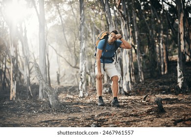 Man, hiking and sweat or tired in forest for health with fitness, exercise or survival in France. Countryside, adventure and exhausted with walking in nature for wellness, wellbeing or rest on travel - Powered by Shutterstock