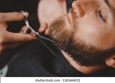 Man Hipster Having Barber Shave Barbershop.