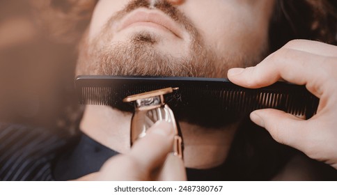 Man hipster having barber shave barbershop hair machine. - Powered by Shutterstock