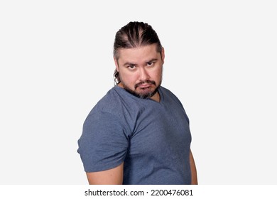 A Man In His 30s With Hurt Feelings Pouts.Possibly Making Fun Of Someone Too. Looking A Bit Funny. Isolated On A White Background.