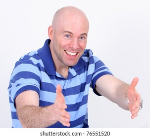 Man With His Arms Open As If Waiting For A Hug On White Background