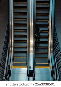 A man with his backpack is getting off the elevator alone. (Top angel)