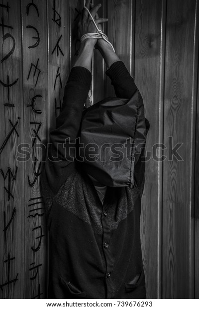 Man His Hands Tied Hanging Ceiling Royalty Free Stock Image