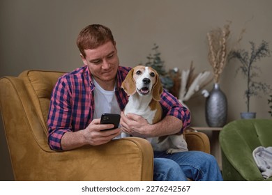 Man and his loyal Beagle spending a lazy afternoon on the sofa: browsing social media and petting his furry companion for some much-needed relaxation. - Powered by Shutterstock