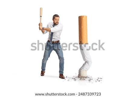 Man hitting a cigarette with a baseball bat isolated on white background