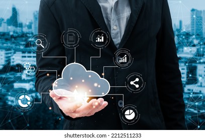 man hold cloud computing diagram show on hand. Data storage.Cloud technology.Secure backup and consistency  Networking and internet service concept.Implementing storage technology support in business - Shutterstock ID 2212511233