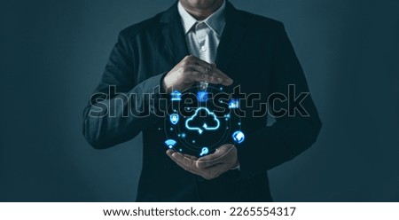 man hold cloud computing system diagram show on hand.Data storage.Digital technology network service business in wireless storage concept. Implementing storage technology support in business.