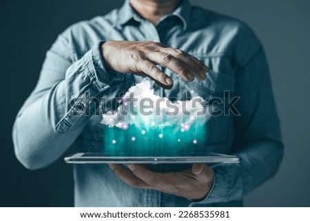 man hold cloud computing system diagram show on hand.Data storage.Digital technology network service business in wireless storage concept. Implementing storage technology support in business.