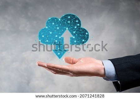Man hold Cloud icon technology. Polygonal wireframe cloud storage sign with two arrows up and down. Cloud computing, big data center, future infrastructure, digital ai concept. Virtual hosting symbol.