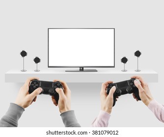 Man hold gamepad in hands in front of blank tv screen mock up playing game. Clear monitor mockup with gamer first person. Men play video games on console station. People gaming contest. Two players.