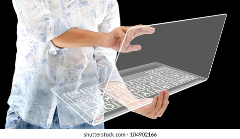 The Man Hold Glass Future Technology Computer With Hand Touch On LCD Display Isolated On Black