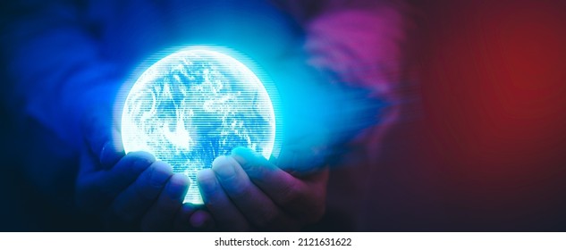 Man Hold Globe World Hologram In Onlin Cyberspace Technology Change World Concept 