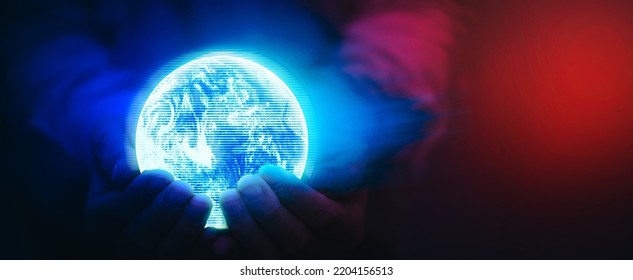 Man Hold Globe World Hologram In Onlin Cyberspace Technology Change World Concept 