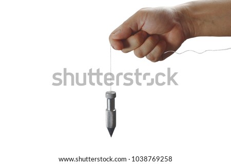 Man hold Plummet for vertical construction building,plumb bob isolated on white background with copy space