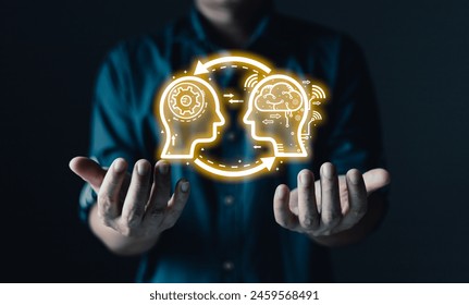 man holding ai auto chat bot. Big data center storage.Digital Artificial Intelligence technology disruption concept. We are implementing storage technology support and service in the business.