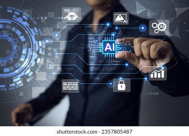 Man holding AI micro chip to applied automation in  business process, create photos, work in factory industry instead of human or interact with customer service as chatbot and cyber security guards