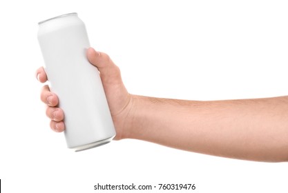Man holding aluminum can on white background