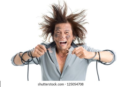 Man holding bared wires and screaming of pain