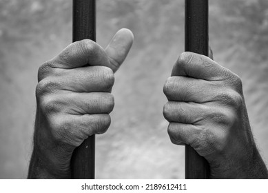 A Man Holding The Bars Of The Prison. Man In Jail. Black And White