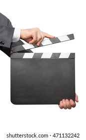 Man Holding Blank Clapper Board Isolated On White Background