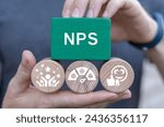 Man holding blocks with icons sees text: NPS. Net Promoter Score ( NPS ) measuring customer satisfaction and loyalty concept. Tool for measure customer loyalty and improvement products or services.