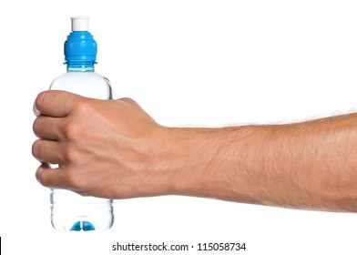 Man holding a bottle of water isolated on white background