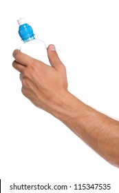 Man Holding A Bottle Of Water Isolated On White Background