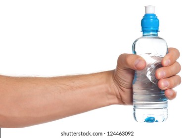 Man Holding A Bottle Of Water Isolated On White Background