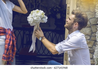 Man Holding Bouquet  Pre Wedding Concept
,