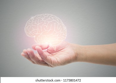 Man Holding Brain Illustration Against Gray Wall Background. Concept With Mental Health Protection And Care.