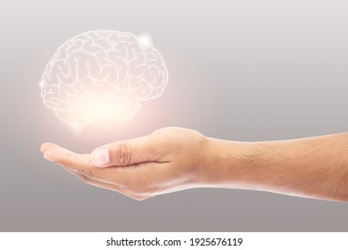 Man Holding Brain Illustration Against Gray Wall Background. Concept With Mental Health Protection And Care.	