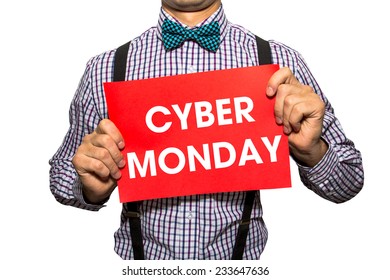 Man holding a card with the text Cyber monday on white background