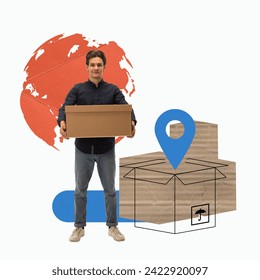 Man holding cardboard box with global map and location marker in background. Growth of global online retail. Concept of logistics, cargo companies, worldwide shipping and delivery services