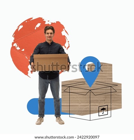 Man holding cardboard box with global map and location marker in background. Growth of global online retail. Concept of logistics, cargo companies, worldwide shipping and delivery services