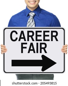 A Man Holding A Career Fair Poster 