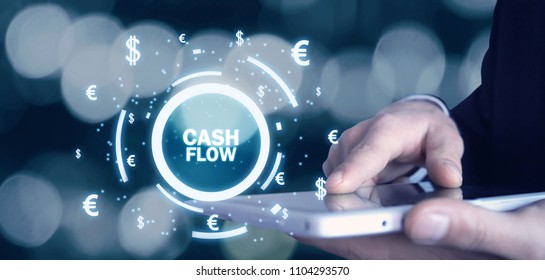 Man holding Cash Flow words with currency symbols. Finance concept - Shutterstock ID 1104293570