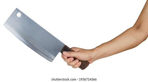 Man Holding A Chopping Knife Isolated On White Background