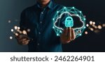 man holding cloud computing diagram show on hand. Data storage.Cloud technology.Secure backup Networking and internet service concept.Implementation storage technology in business. IT support.