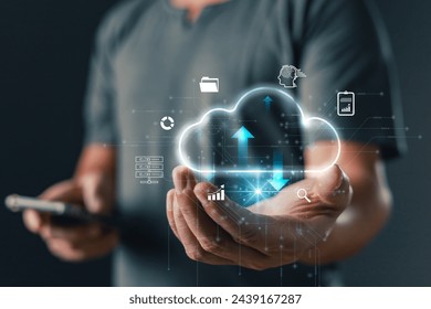man holding cloud computing diagram show on hand. Data storage.Cloud technology.Secure backup Networking and internet service concept.Implementation storage technology in business. IT support.