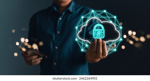 man holding cloud computing diagram show on hand. Data storage.Cloud technology.Secure backup Networking and internet service concept.Implementation storage technology in business. IT support.