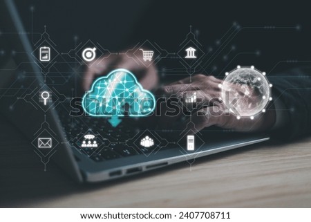 man holding cloud computing diagram show on hand. Data storage.Cloud technology.Secure backup Networking and internet service concept.Implementation storage technology in business. IT support.