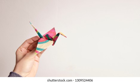 Man Holding Colorful Origami Crane Bird 