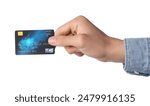 Man holding credit card on white background, closeup